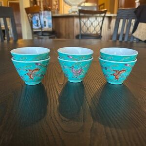 Vintage Jingdezhen Chinese Turquoise Porcelain Rose And Butterfly Tea Cup Set 6